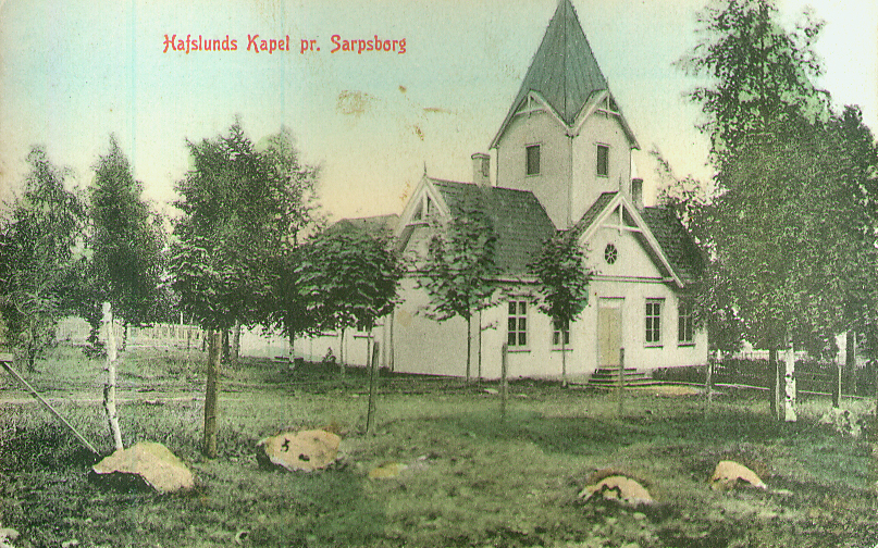 Hafslund kapell 1908. Foto: Nils Tomte, kilde Sarpsborg  kommunes fotosamling.
