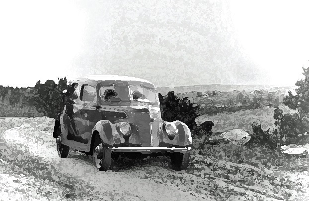  Ford V8 1937 modell på vei i Tune like før krigen.  Illustrasjon: Erling Bakken