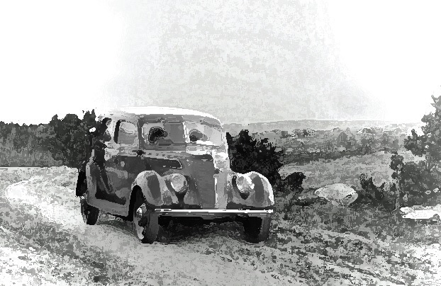 Ford V8 1937 modell på vei i Tune like før krigen. Illustrasjon: Erling Bakken