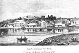 Sandesund 1869 etter tegning av O. Dahl